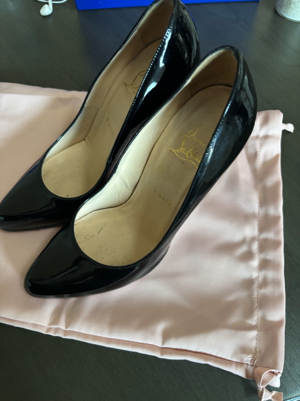Christian Louboutin Black Patent Pointed Toe Pump with Signature Red Sole